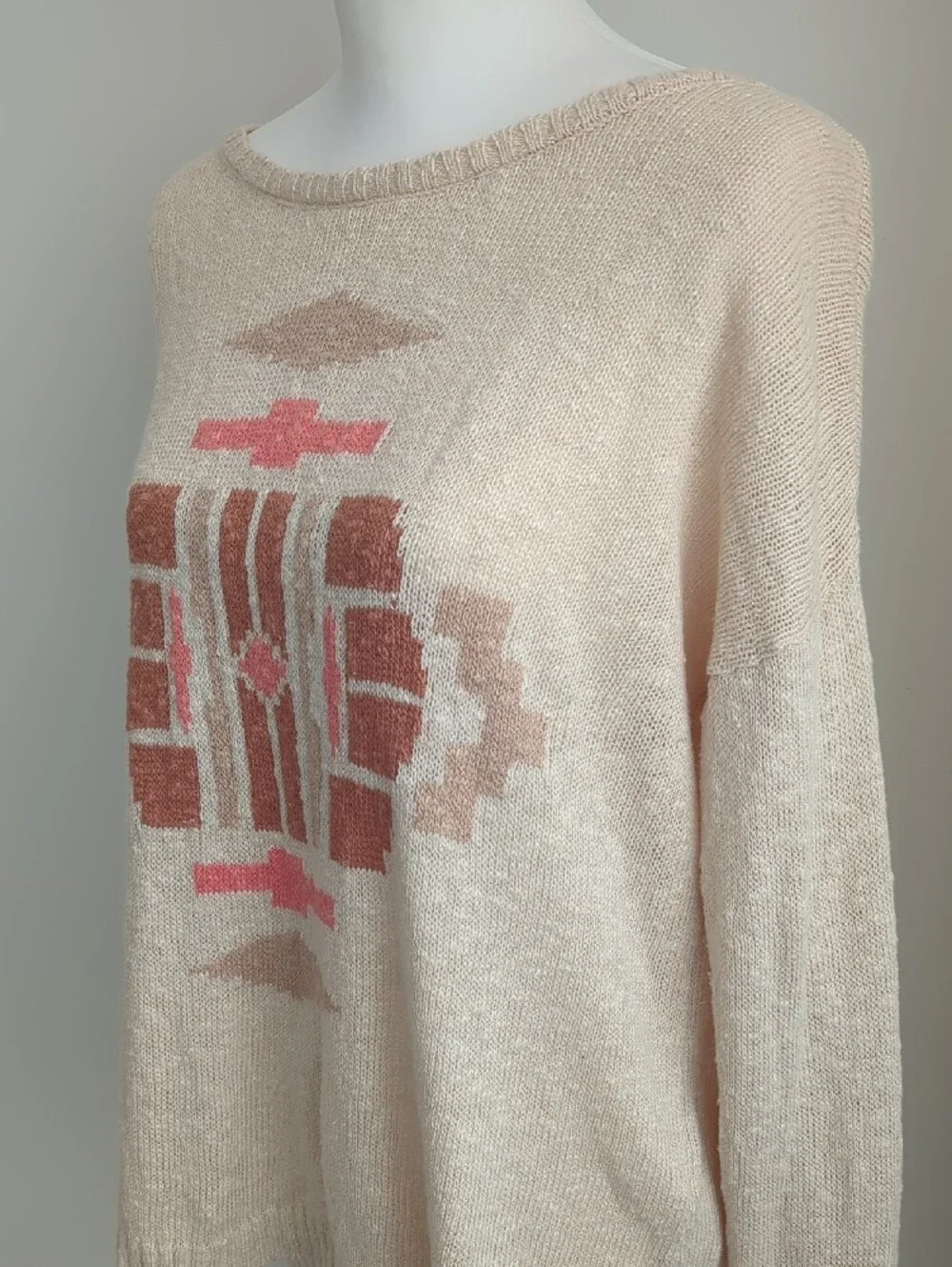 Lucky Brand Southwestern Aztec Intarsia Knit Boho Button-Back Sweater LARGE